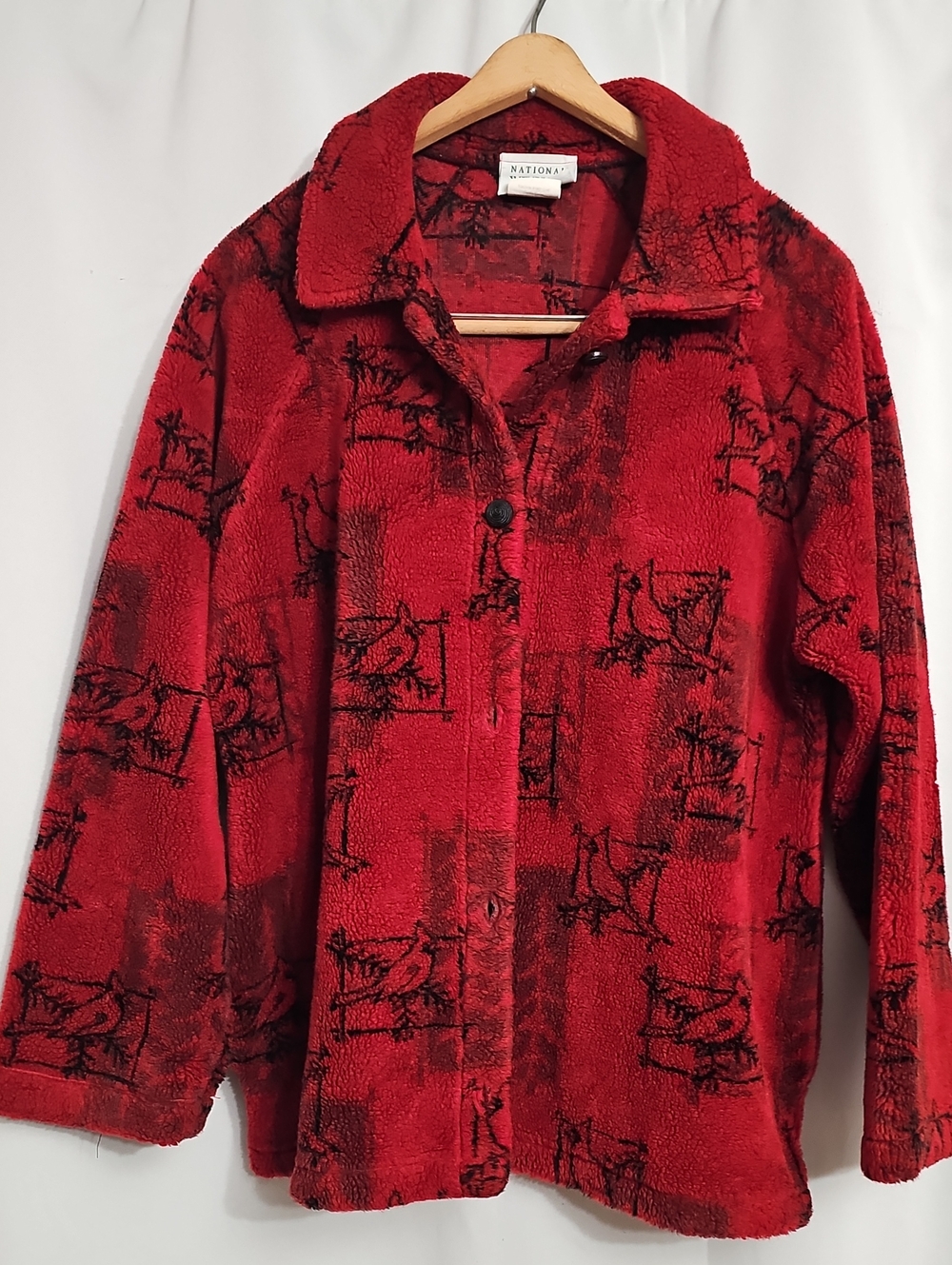 Vintage Sherpa Fleece Jacket Vibrant Red Black Size Medium Preloved Made In USA